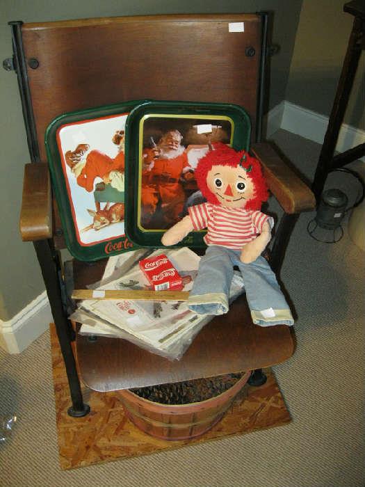 Coca Cola Trays and Memorabilia, Raggedy Ann Doll, Old School Chair