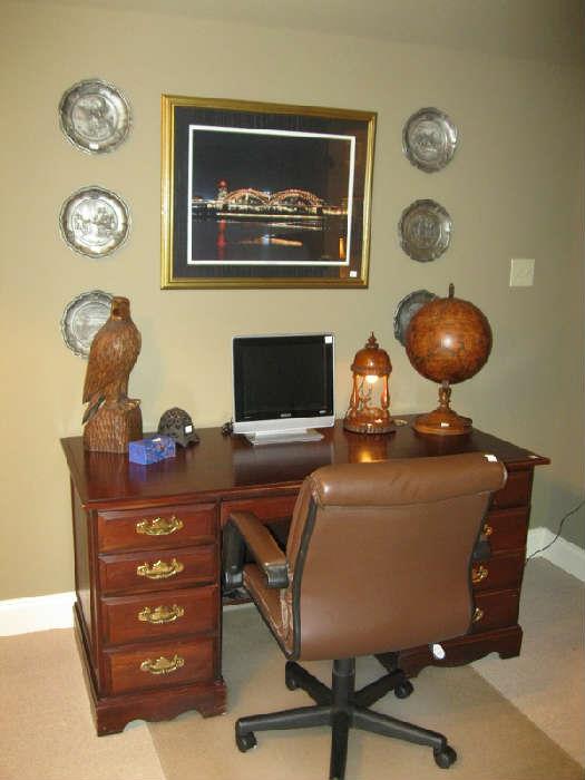 Desk, Wooden Carved Eagle, Folk Art Wood Carved Lamp with Deer, Pewter Collector Plates