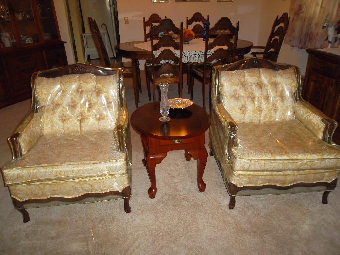 pair matching accent chairs, no charge for plastic, cushions perfect & not crunchy, accent table