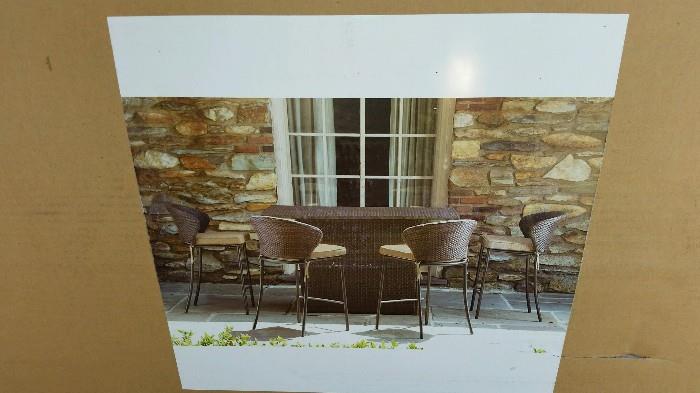New in Box 5 Piece Resin Wicker Bar & Chairs