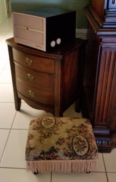 VINTAGE SMALL WOOD CHEST, UPHOLSTERED FRINGED FOOTSTOOL, VINTAGE RECORD PLAYER/TURNTABLE