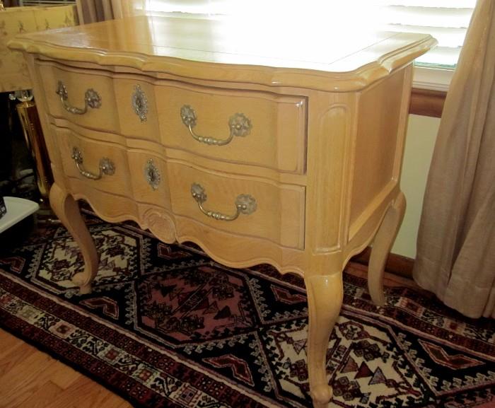 Light wood side board or 2-drawer chest, on tall Queen Anne legs by Century Furniture.