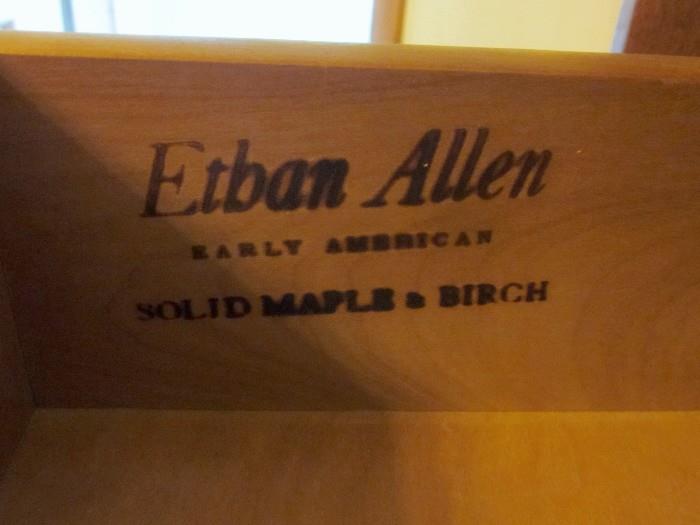 Solid maple and birch corner table with one drawer by Ethan Allen.