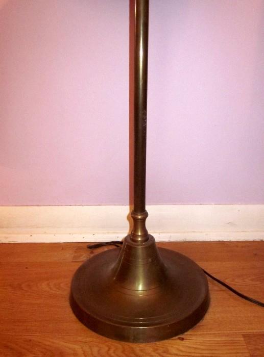 Vintage swing-arm floor lamp, solid brass, with round wood table top (chipped). 