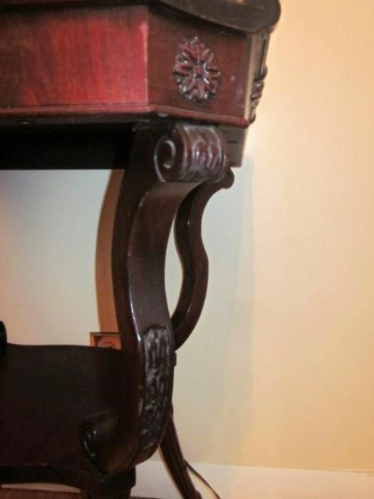 Vintage Mahogany side table with bottom shelf, graceful carved legs.  Had a leather top at some point (which is missing).
