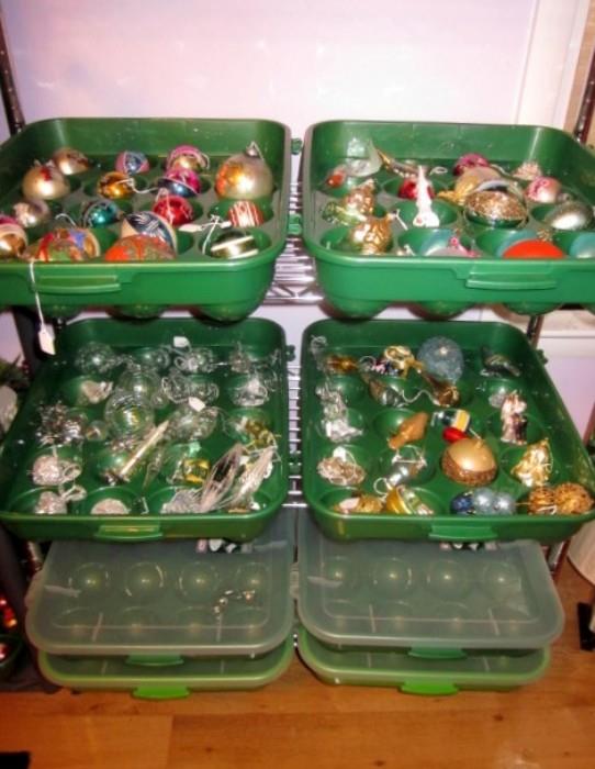 Ornaments, hand blown glass ornaments, vintage and nice storage containers