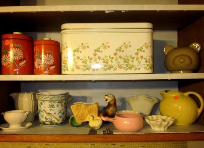 Vintage canisters, bread box, pottery