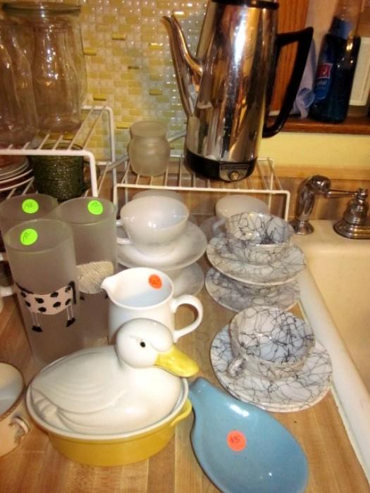 Hazel Atlas black drizzle-spaghetti cups & saucers, Federal Glass cups & saucers, Frankoma, etc.
