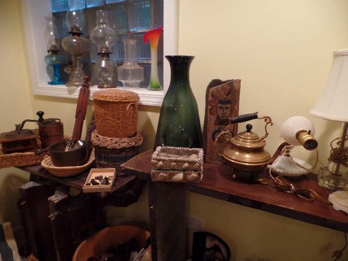 Oil lamps, copper, baskets,coffee grinder...
