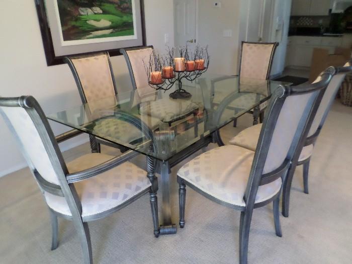 Dining Suite Iron Base, beveled 1/2" glass top with 6 chairs, 2 arm and 4 regular