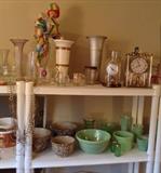 Spongeware bowls, Bauer mixing bowl, jadite, Koma 40 day clock, brass anniversary clock