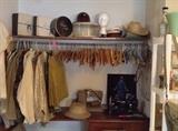 Vintage clothes, hats & hat boxes, Pfaff 130 cabinet sewing machine, wooden advertising angers