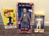 Popeye sign (not old), Talking Pee-Wee Herman doll (mint in box), Mr. Clean doll
