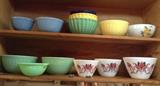 Fire King mixing bowls, set of 3 Gladding McBean "Cocinero" bowls, Pyrex delphite blue