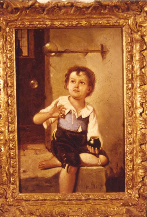 21/23  Painting.  A 19th century Italian oil painting on wood panel, titled "Boy Blowing Bubbles", and showing a young boy in late 18th century clothes seated on a house step blowing bubbles.
Signed/dated, lower right:  E. Tito, '74.  Possibly Ettore Tito [1859-1941].
Viewing Area:  6 1/2" x 10", giltwood and gesso frame.  $1225.00