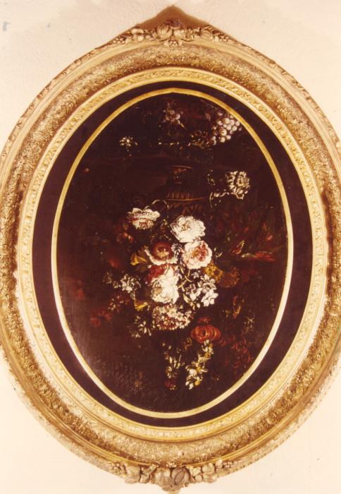 64/31  Painting.  A 17th century Dutch oil on canvas.  An oval form still life showing flowers in a vase and painted in the manner of Jan van Huysum, 1682-1749.
Viewing area:  21 3/4" x 31".  A giltwood and gesso frame with liner.  $2875.00