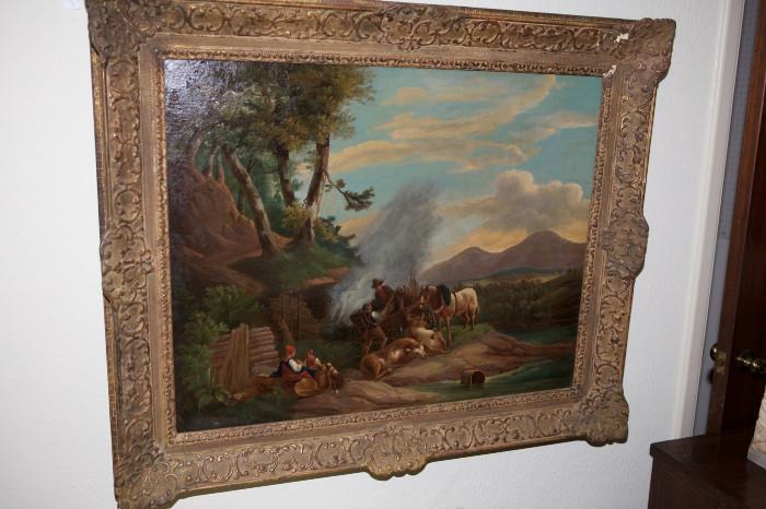 137/63  Painting.  A 19th century Italian oil on canvas.  A genre scene depicting gypsies camping on a hillside overlooking a valley with mountains in the far ground.  Unsigned.  The surface is badly over varnished.
Viewing area:  35 1/2" x 28" in a giltwood and gesso frame.  $1750.00