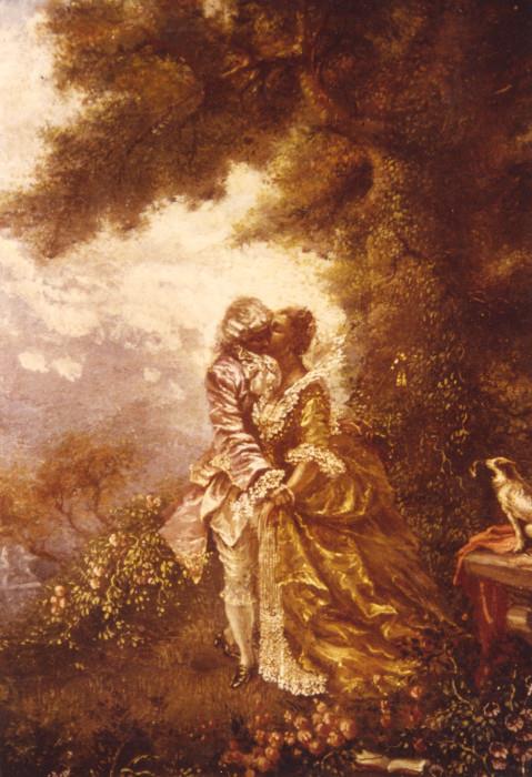 142/68  Painting.  A late 19th/early 20th century French oil on canvas depicting a courting couple dressed in 18th century costume embracing in a garden as a dog looks on.
Unsigned.
Slight damage to painting at upper right.
13 1/2" x 17 1/2", framed in giltwood
As is:  $700.00