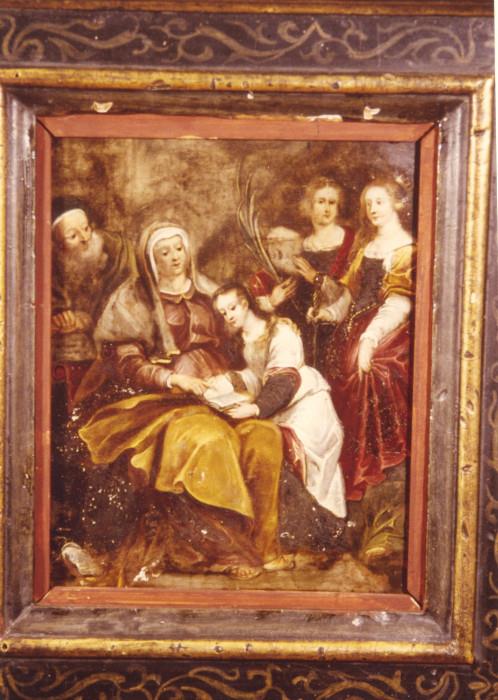 153/82  Painting.  A late 17th century oil painting on copper[?].  An interior scene of a reading lesson.  An elderly woman is shown teaching a young girl to read, before spectators.
Unsigned.
Viewing area:  7 1/2" x 9", in an early painted frame with red liner.  $1875.00