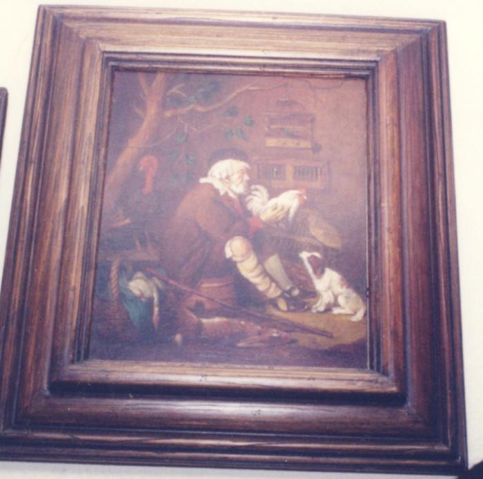 197/111A  Painting.  A late 18th/early 19th century painting in oil on a wood panel, showing an older man, birds and animals.  Probably of German origin.
Signed in monogram, artist unknown.
Viewing area:  9 1/2" x 11 3/4", painted frame.  $250.00