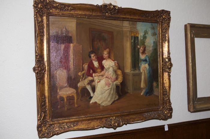 199/107  Painting.  An early 20th century oil on canvas painting of a French interior.  A couple sits on a settee, another lady looks on from the doorway.  Badly over varnished canvas.
Signed:  Rottingham (?) indistinctly.  Unlisted artist.
Viewing area:  29" x 23", framed in giltwood.  $575.00