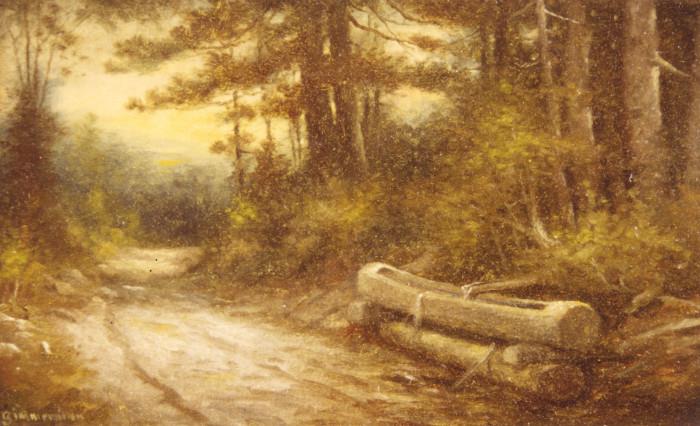 202/124  Painting.  A 20th century American oil painting on canvas.  A landscape titled:  "Wayside Refreshments" and showing a spring draining into a hollowed log by the side of a dirt road, deep in the pine woods.
Signed, lower left:  Carl Zimmerman [born 1900], American artist
Viewing area:  14 3/4" x 8 1/2", giltwood frame with liner.  $1375.00