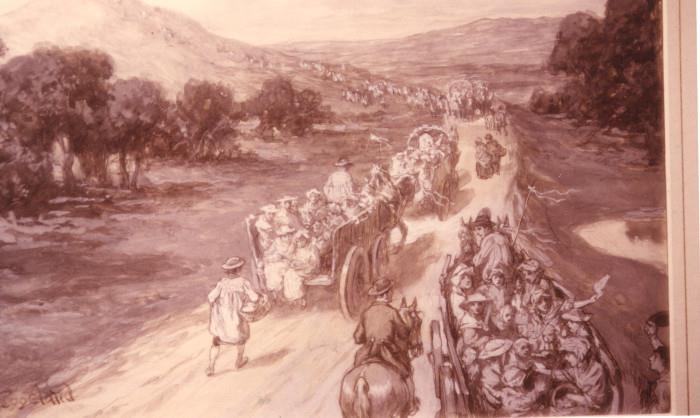 207/105  Watercolor.  A late 19th/early 20th century watercolor work in chiaroscuro depicting peasants in wagon on a journey.  Examined under glass.
Signed, lower left:  Don Weggyeland.  Unlisted artist
Viewing area:  13" x 8 1/4", framed and matted.  $250.00