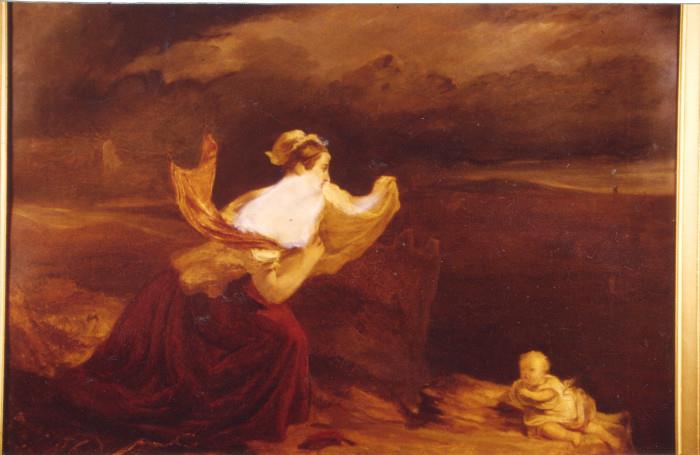 204/112  Painting.  A 19th century English oil painting on canvas, titled:  "Amour Maternel" [Motherly Love], showing a woman dashing for her infant crawling at the edge of a cliff.
Signed/dated on plaque:  Augustus Egg, 1859.  Egg, Augustus Leopold [1816-1863], British artist.
Viewing area:  36" x 28 3/4", framed in giltwood and gesso.  $2500.00