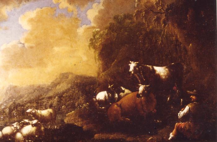 220/164  Painting.  A 19th century Dutch oil painting on canvas.  A bucolic scene of cattle and sheep resting in a mountain landscape.
Signed:  Berghem [van den Berghem].  
Viewing area:  31" x 24 3/4" in an ebonized walnut and gilt frame.  $1875.00