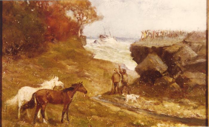 273/177  Painting.  A 19th century painting in oil on canvas.  A seascape showing a ship foundering.  A large crowd on a bluff look on.  People, dogs and a pair of horses stand in the foreground.  The canvas is over varnished, needs work.
Illegibly signed, lower right.
Viewing area:  21 3/4" x 19 1/4" in a giltwood frame.
As is:  $1500.00