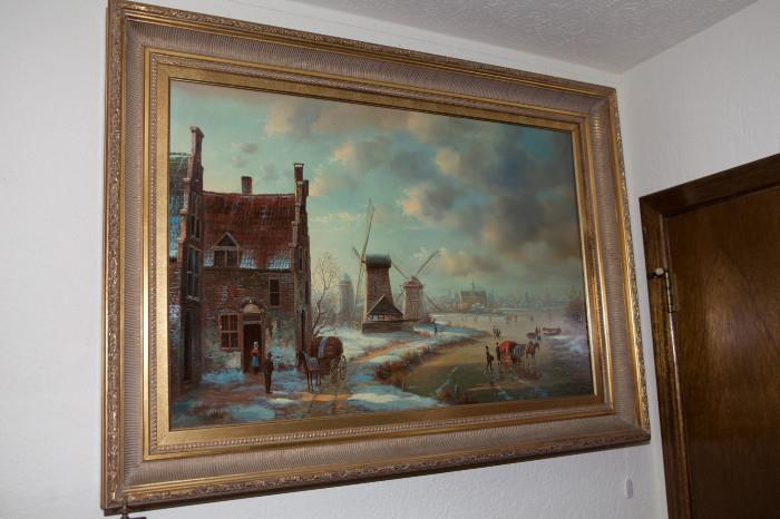 280/249  Painting.  A 19th century oil painting on canvas.  A view of a Dutch landscape in the dusk of winter with windmill, skaters and a horse drawn sleigh on ice.
Signed, lower right:  G. Schroter, unlisted.
Viewing area:  35 1/2" x 23 1/2", molded giltwood frame.  $690.00