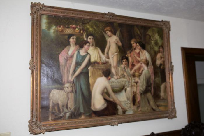 281/160  Painting.  A 19th century oil painting on canvas depicting Eros, standing on a pedestal in a woodland, being offered gifts by a group of young women.  Note:  Some paint is missing from this work at upper left and right.
Unsigned.
Viewing area:  47 1/2" x 35", giltwood frame
As is:  $2875.00