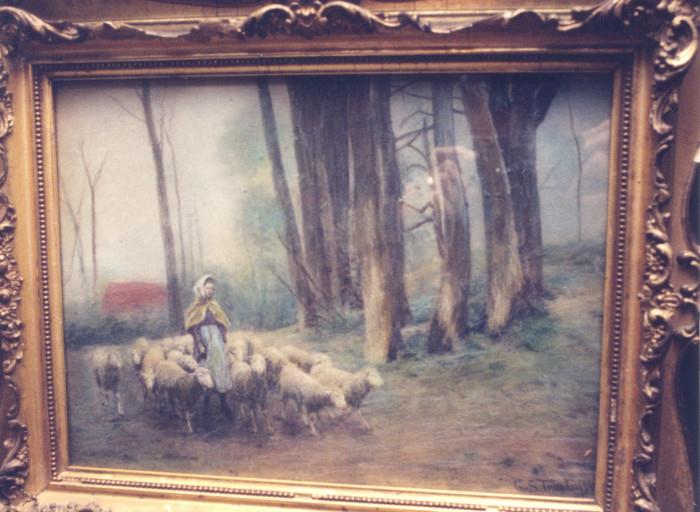 297/291  Watercolor.  A 19th century American watercolor [circa 1871].  A shepherdess tends her flock in a wooded landscape.  Examined under glass.  Note:  This work is backed by pine wood.  The acids from this may cause non-removable foxing.  We suggest an archival backing, removing the pine wood.
Signed lower right:  G. S. [Gaylord Sangston] Truesdell, 1859-1899.
Viewing area:  11 1/2" x 8 1/2", in a giltwood and gesso frame set into an ebonized walnut outer frame.  $1050.00
