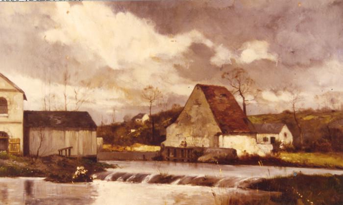 307/76  Painting.  A 19th century French oil painting on canvas.  A landscape showing a farm and outbuildings near a farm pond and low dam.  Note:  Damage to canvas in two places.
Signed, dated/lower left:  Paul [Leon] Gaigneau.  1886 [Died, 1910].
Viewing area:  36" x 25", Framed in giltwood.
As is:  $825.00