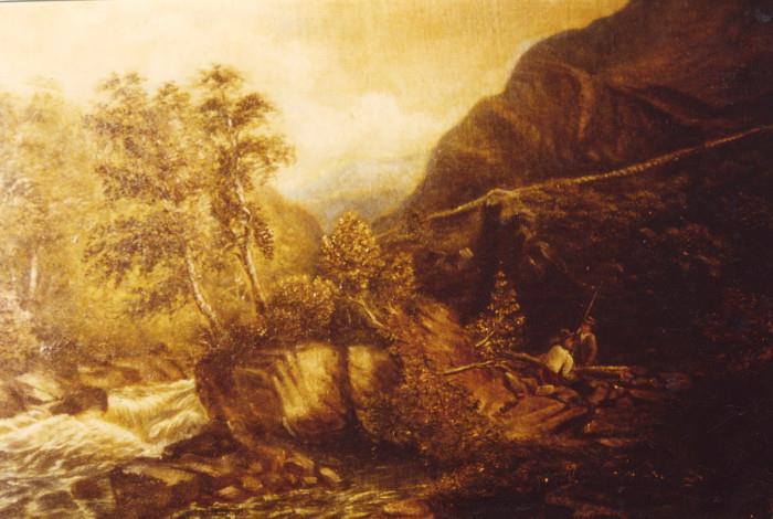 332/  Painting.  A 19th century northern European oil painting.  A landscape with people.  A rushing stream in the left foreground.  Unsigned.
Viewing area:  22 3/4" x 17", gilded frame.  $1125.00