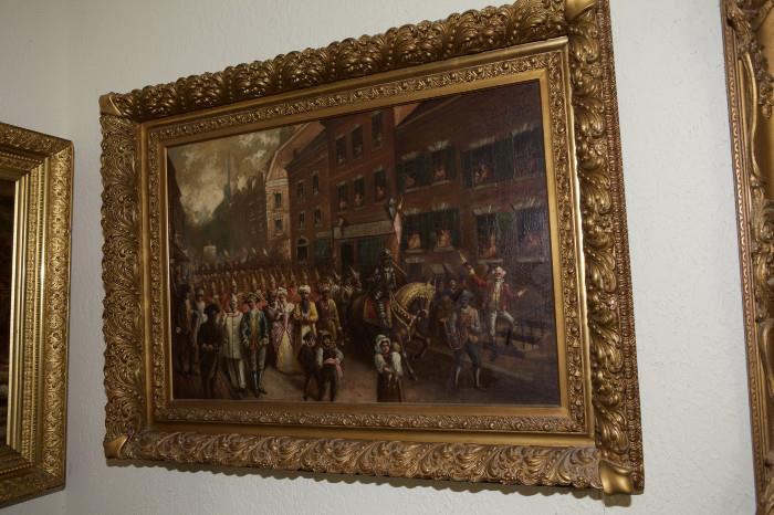 335/73  Painting.  A 19th century oil painting on canvas depicting a parade scene with costumed figures marching in front of a marching band.  Children and other spectators are dressed in 18th century clothing.  Probably English.
Unsigned.
Viewing area:  27 1/2" x 18 1/2" in a giltwood and gesso frame with liner.  $4700.00