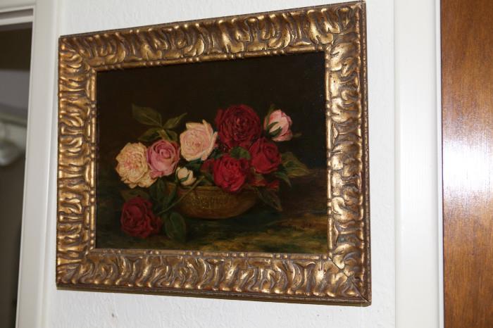 338/148  Painting.  A late 19th century French oil painting on canvas.  A still life showing roses in an embossed copper bowl on a table.  Over varnished canvas.
Signed/dated, lower right:  Fantin, 1864.  By a follower of Ignace Henri J. T. Fantin-Latour, [1836-1904] a prolific French artist with a large following.
Viewing area:  11 1/2" x 15 1/2", framed in giltwood.  $3375.00