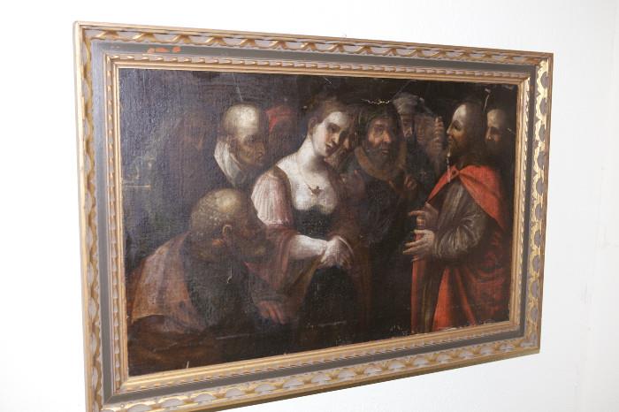 339/  Painting.  A late 17th/early 18th century continental oil painting on canvas showing a woman surrounded by dour old men.  [A rendition of Susanna and the Elders?].  Note:  This canvas is in poor condition with paint missing.  In need of restoration and cleaning.
Unsigned.
Viewing area:  38" x 23 1/2", carved frame.
As is:  $375.00