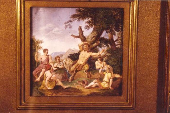 342/125  Painting.  A 19th/20th century oil painting on panel showing a satyr regaling a mixed group of peasants in a landscape.  
Signed:  Holtzman.  Note:  The lack of initials or a first name preclude research concerning this artist.
Viewing area:  6 1/2" square in a gilt frame, matted and under glass.  $1500.00