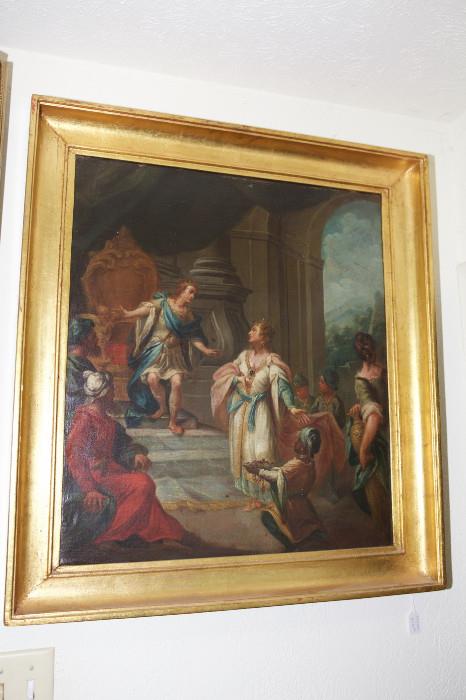 354/154  Painting.  A 19th century Italian oil painting on canvas showing a crowned woman making an offering held by a kneeling blackamoor to a king who is stepping forward from his throne.  Others look on.  Unsigned.
Viewing area:  24 1/2" x 27 3/4" in a molded, gilded frame.  $3125.00