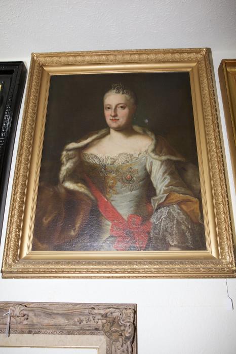 355/155  Painting.  A 19th century European portrait in oil on canvas of the Empress Maria Theresa of Austria.  Unsigned.
Viewing area:  26 1/2" x 32 3/4", giltwood and gesso frame.  $2500.00