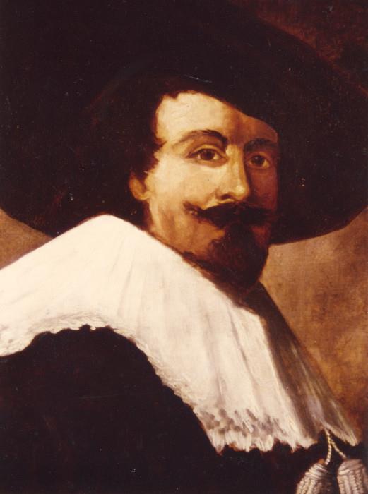 356/156  Painting.  An 18th/19th century oil painting on canvas.  A portrait of a gentleman, dressed in black, including his wide brim hat and wearing a white lace collar in the style of the 16th century Dutch male.  Unsigned.
Viewing area:  24" x 29", in a molded ebonized walnut frame, gilt liner.  $4375.00