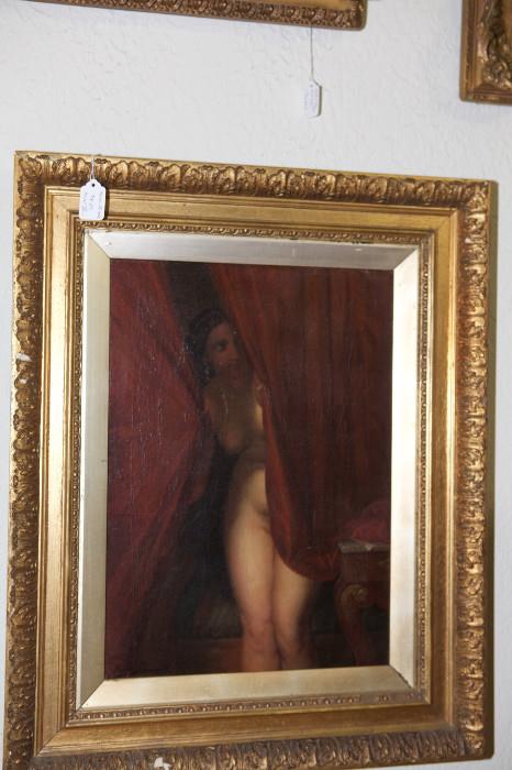 Oil on canvas painting of a semi nude woman, signed Emille Reuss and dated 1895.  $825.00