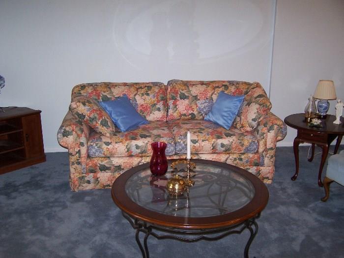 FLORAL SOFA & GLASS-TOP COFFEE TABLE