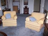 PAIR OF YELLOW EASY CHAIRS & SMALL CURIO