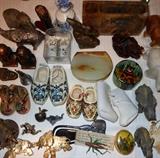 Shoes including Hand Painted Miniature Moccasins and a Miniature Leather Cowboy Boot, Elephants, Soapstone and a Lucky Cricket