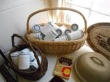 Kitchen: A collection of empty jam milk glass jars.