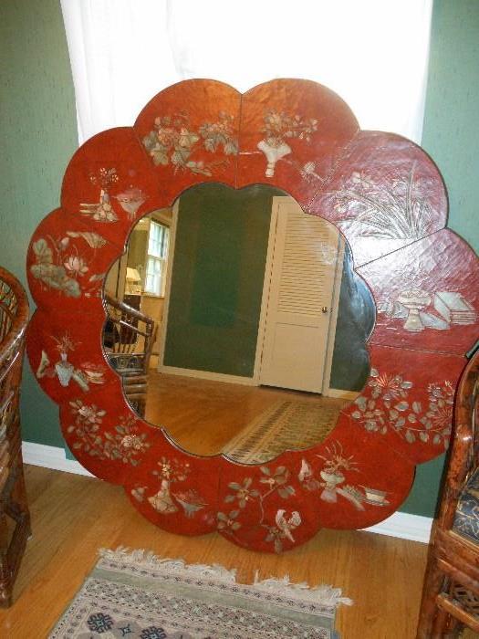 Bedroom #1:  A better view of the large 60" round Asian motif mirror.  This would look great in a foyer; above a fireplace; or used as a headboard!