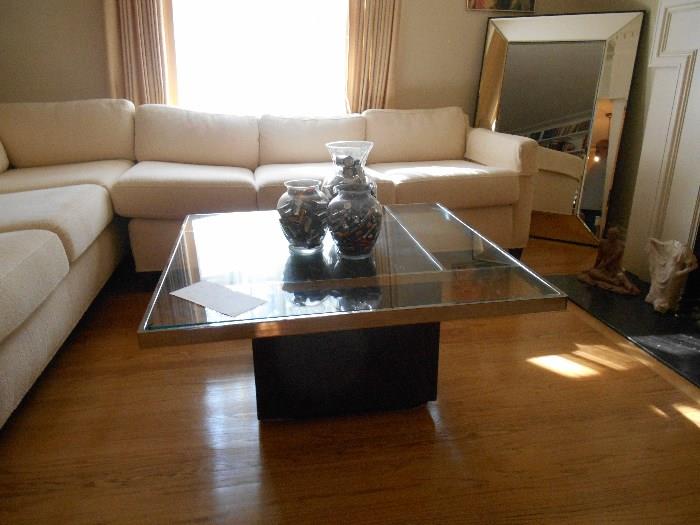 Living Room:  A glass top contemporary coffee table.