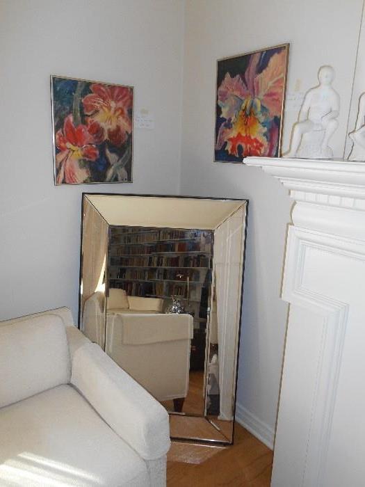 Living Room:  A large mirror (48" x 32") was originally purchased at Williams-Sonoma.    Two of three floral prints are on the wall.